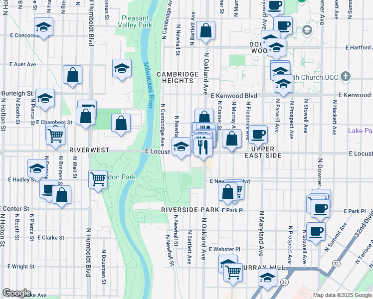 map of restaurants, bars, coffee shops, grocery stores, and more near 2905 North Bartlett Avenue in Milwaukee