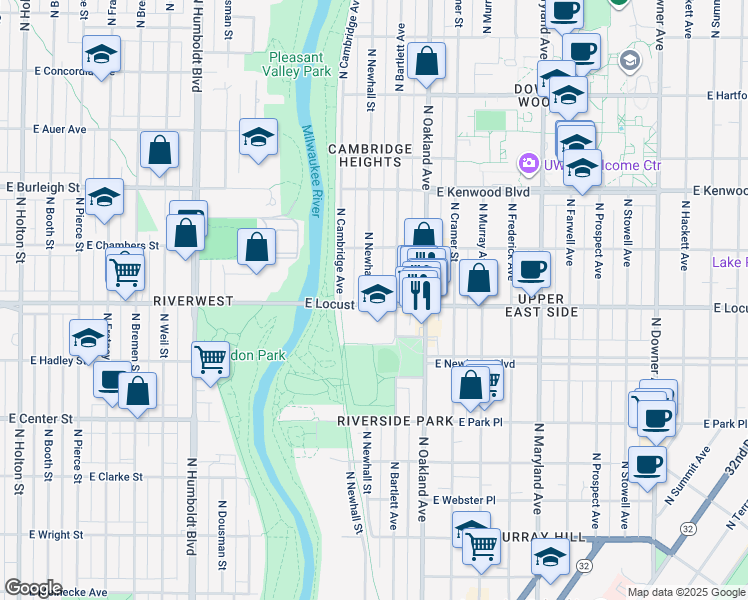 map of restaurants, bars, coffee shops, grocery stores, and more near 2905 North Bartlett Avenue in Milwaukee