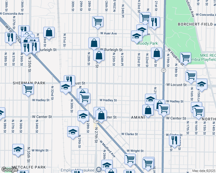 map of restaurants, bars, coffee shops, grocery stores, and more near in Milwaukee