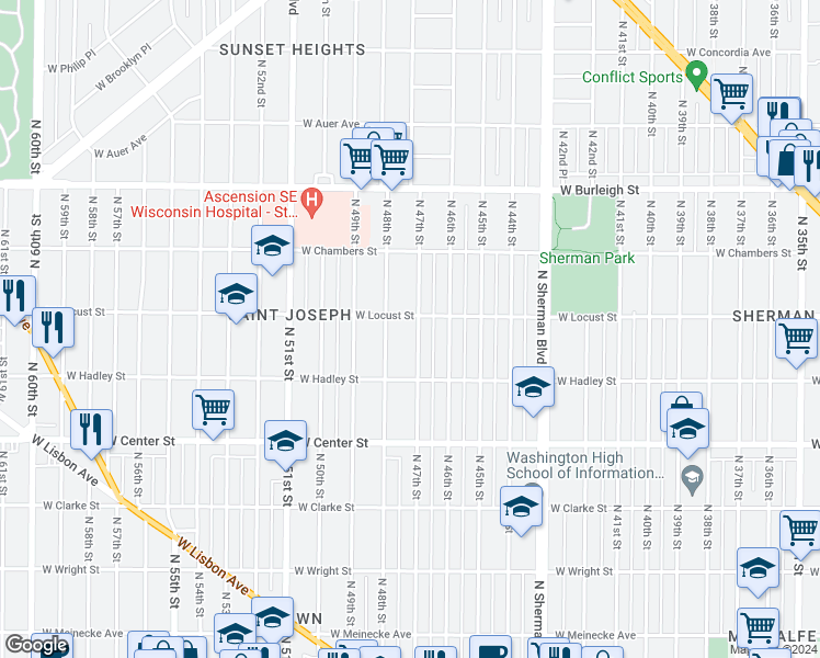 map of restaurants, bars, coffee shops, grocery stores, and more near 2854 North 47th Street in Milwaukee