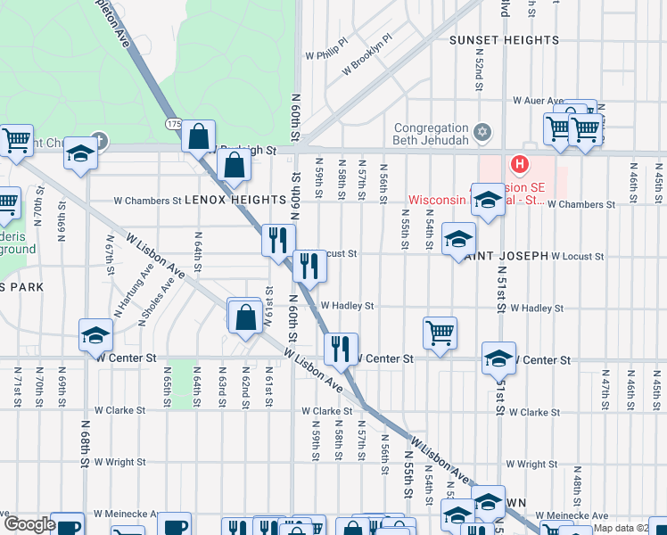 map of restaurants, bars, coffee shops, grocery stores, and more near 2849 North 58th Street in Milwaukee
