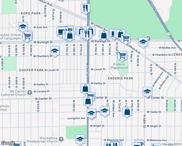 map of restaurants, bars, coffee shops, grocery stores, and more near 2851 North 75th Street in Milwaukee