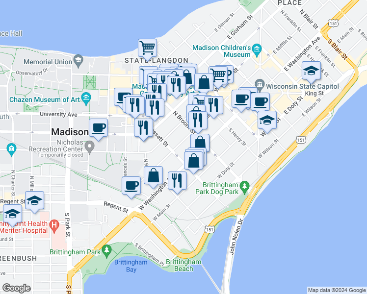 map of restaurants, bars, coffee shops, grocery stores, and more near 441 West Mifflin Street in Madison