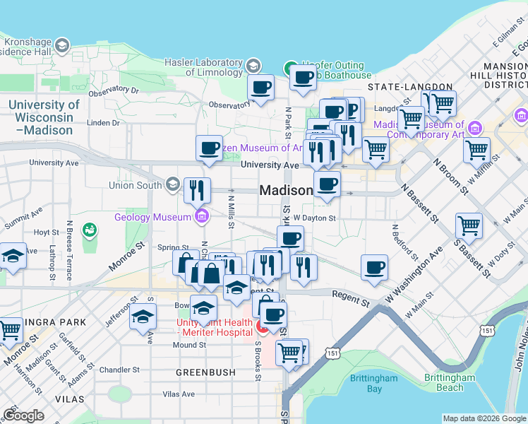 map of restaurants, bars, coffee shops, grocery stores, and more near 912 West Dayton Street in Madison