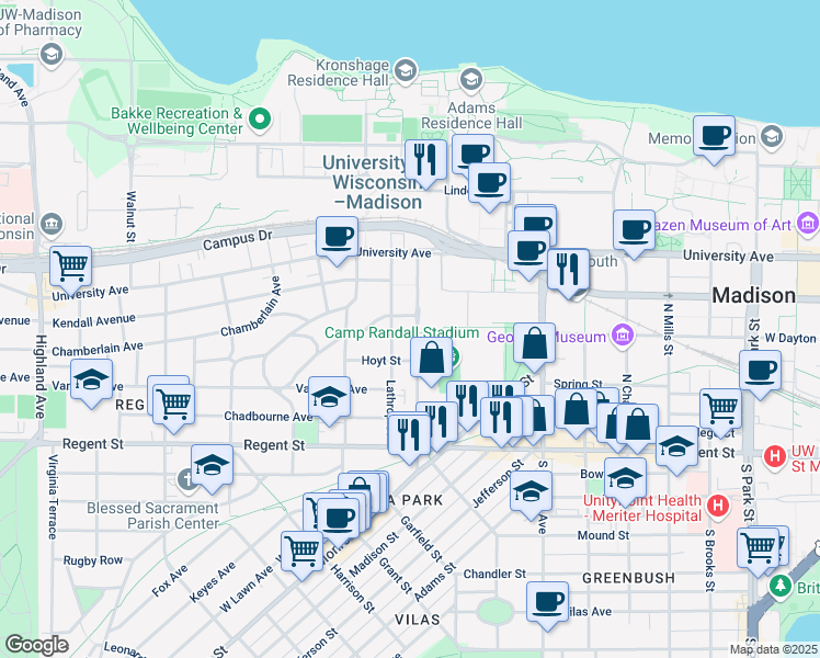 map of restaurants, bars, coffee shops, grocery stores, and more near 138 North Breese Terrace in Madison