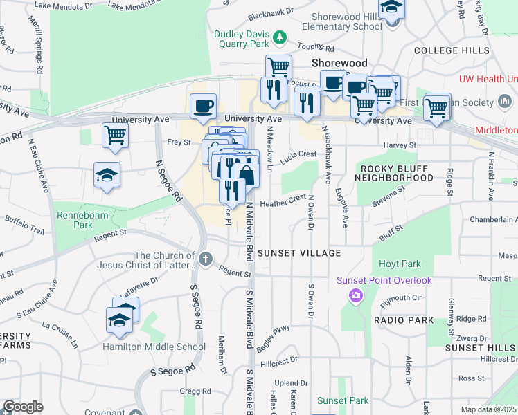 map of restaurants, bars, coffee shops, grocery stores, and more near 409 North Midvale Boulevard in Madison