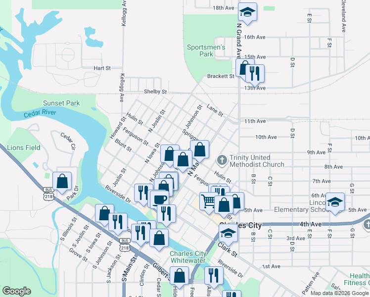 map of restaurants, bars, coffee shops, grocery stores, and more near 552-598 Hulin St in Charles City