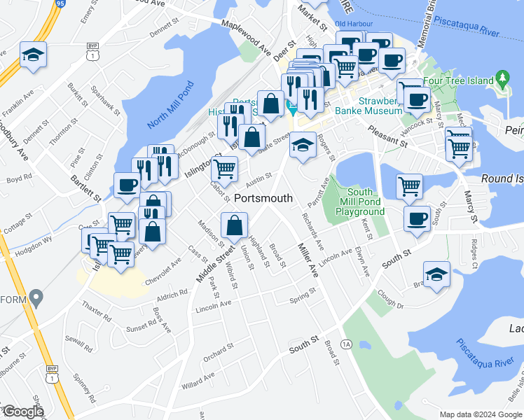 map of restaurants, bars, coffee shops, grocery stores, and more near 351 Middle Street in Portsmouth
