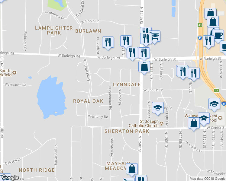 map of restaurants, bars, coffee shops, grocery stores, and more near 2900 North Princeton Road in Brookfield