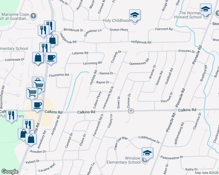 map of restaurants, bars, coffee shops, grocery stores, and more near 8 Floyd Drive in Rochester