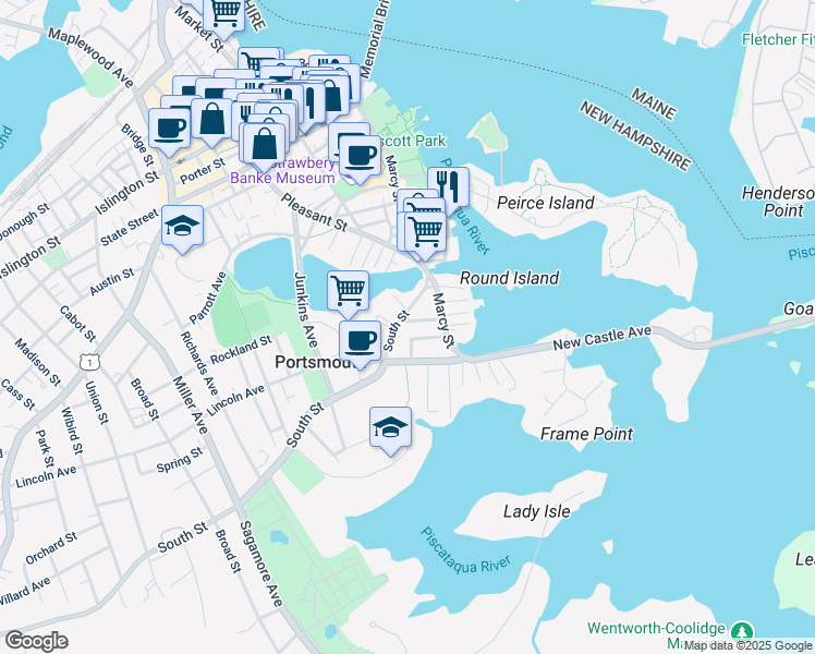 map of restaurants, bars, coffee shops, grocery stores, and more near 76 South School Street in Portsmouth