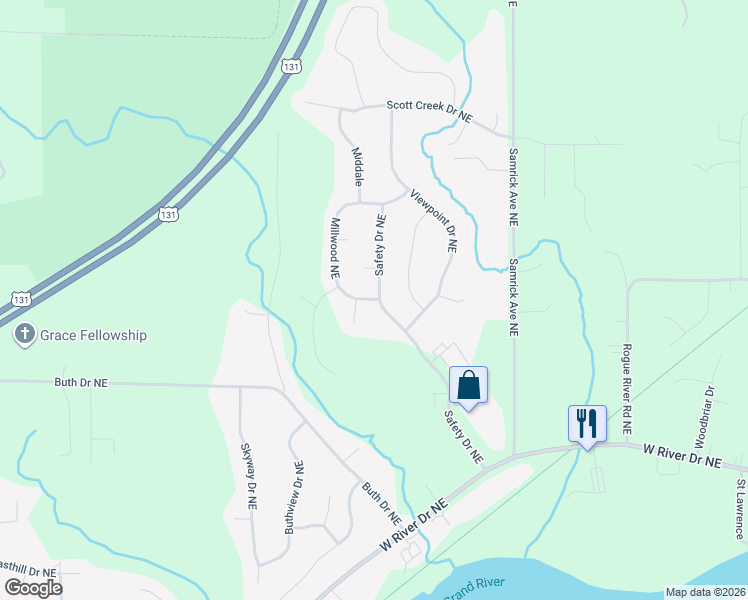 map of restaurants, bars, coffee shops, grocery stores, and more near 1203 Millwood Northeast in Plainfield charter Township