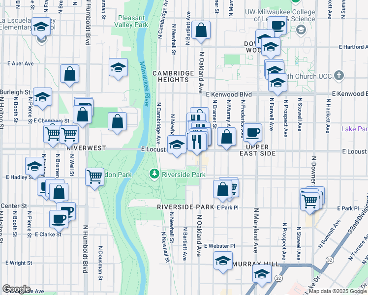 map of restaurants, bars, coffee shops, grocery stores, and more near 2905 North Bartlett Avenue in Milwaukee