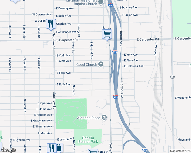 map of restaurants, bars, coffee shops, grocery stores, and more near 1026 East Lorado Avenue in Flint
