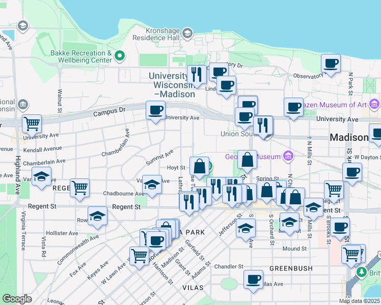 map of restaurants, bars, coffee shops, grocery stores, and more near 142 North Breese Terrace in Madison