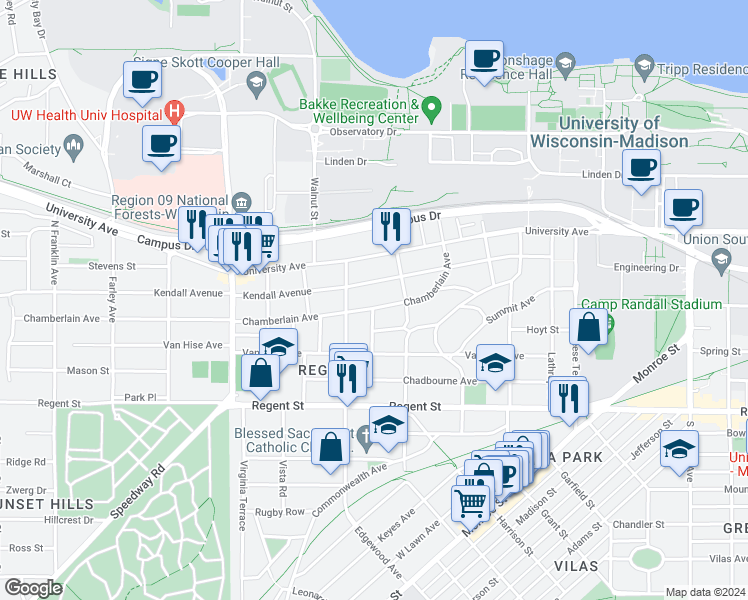 map of restaurants, bars, coffee shops, grocery stores, and more near 2120 Chamberlain Ave in Madison