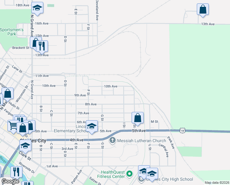 map of restaurants, bars, coffee shops, grocery stores, and more near 801 9th Ave in Charles City