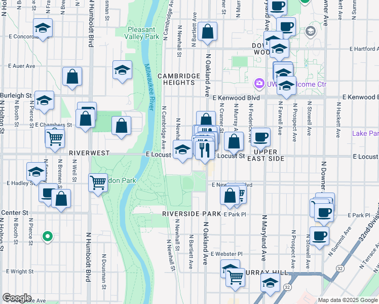 map of restaurants, bars, coffee shops, grocery stores, and more near 2905 North Bartlett Avenue in Milwaukee