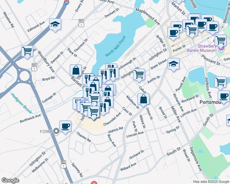 map of restaurants, bars, coffee shops, grocery stores, and more near 2 Columbia Court in Portsmouth