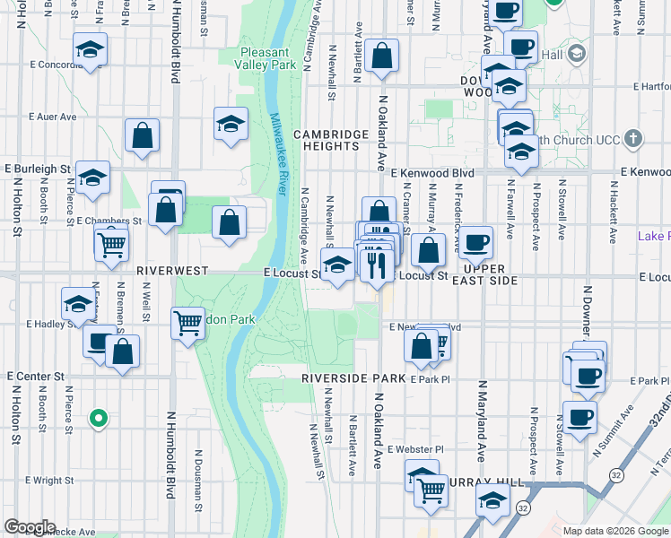map of restaurants, bars, coffee shops, grocery stores, and more near 2905 North Bartlett Avenue in Milwaukee