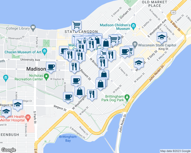 map of restaurants, bars, coffee shops, grocery stores, and more near 441 West Mifflin Street in Madison