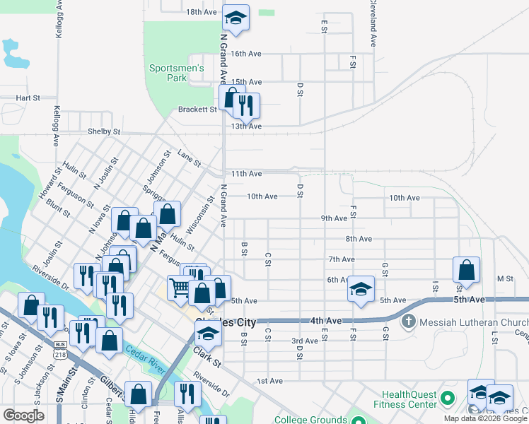 map of restaurants, bars, coffee shops, grocery stores, and more near 209 9th Ave in Charles City
