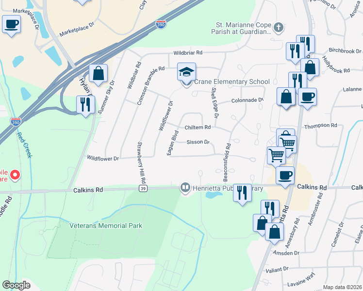 map of restaurants, bars, coffee shops, grocery stores, and more near 45 Sisson Drive in Rochester