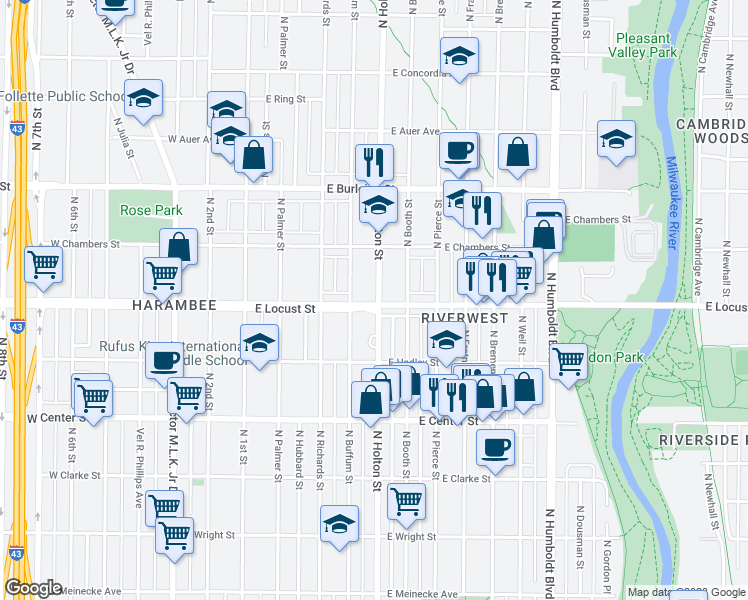 map of restaurants, bars, coffee shops, grocery stores, and more near 2901 North Holton Street in Milwaukee