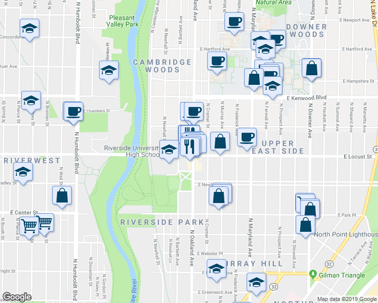 map of restaurants, bars, coffee shops, grocery stores, and more near 2907 North Oakland Avenue in Milwaukee