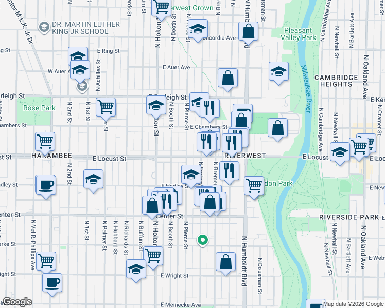 map of restaurants, bars, coffee shops, grocery stores, and more near 2878 North Fratney Street in Milwaukee
