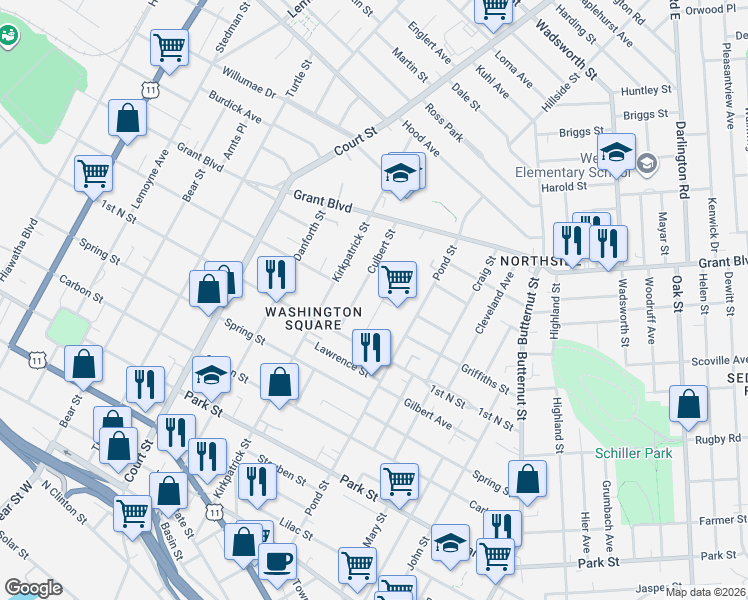 map of restaurants, bars, coffee shops, grocery stores, and more near 120 Delong Avenue in Syracuse