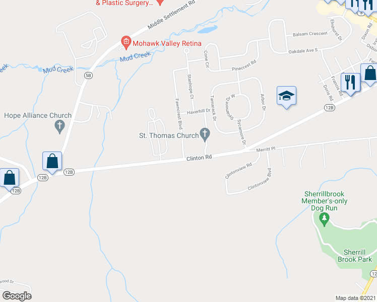 map of restaurants, bars, coffee shops, grocery stores, and more near 2 Fawncrest Boulevard in New Hartford