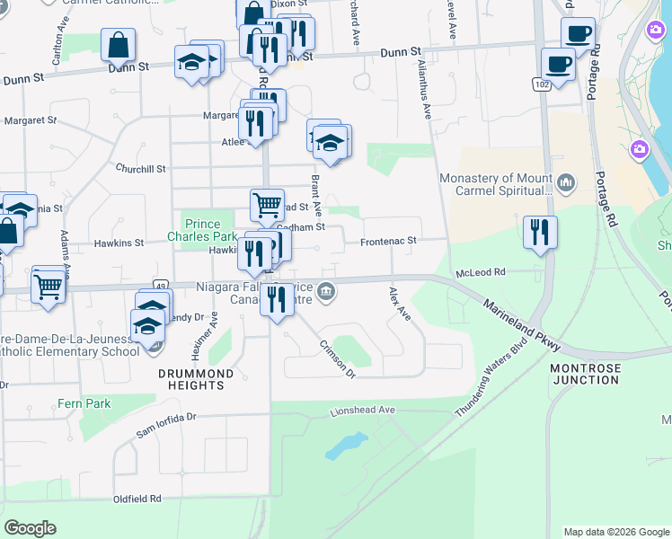 map of restaurants, bars, coffee shops, grocery stores, and more near 6065 McLeod Road in Niagara Falls