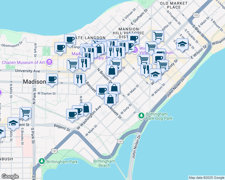 map of restaurants, bars, coffee shops, grocery stores, and more near 412 West Washington Avenue in Madison