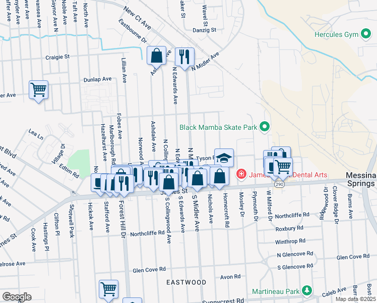 map of restaurants, bars, coffee shops, grocery stores, and more near 201 North Midler Avenue in Syracuse