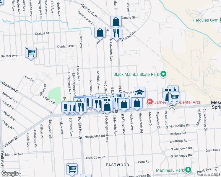 map of restaurants, bars, coffee shops, grocery stores, and more near 207 North Edwards Avenue in Syracuse