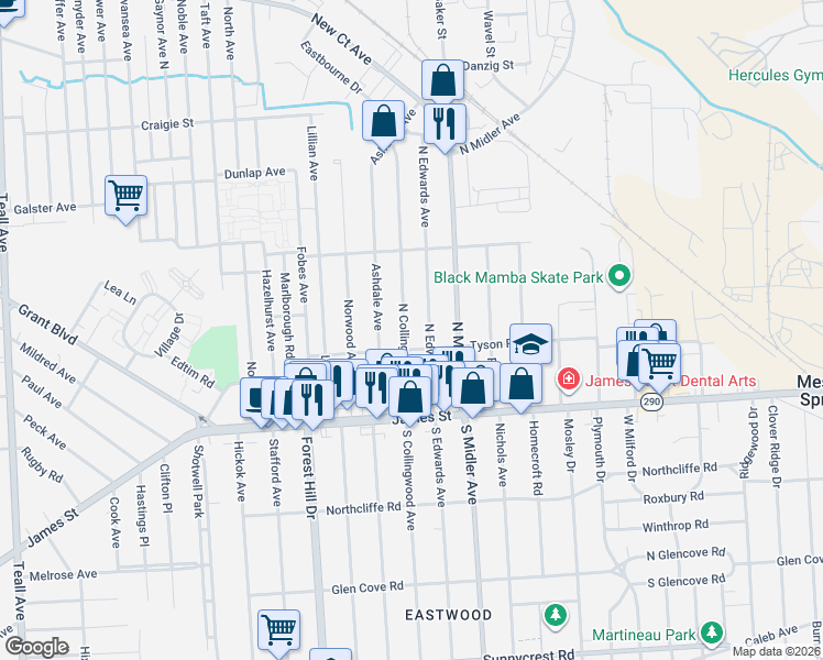 map of restaurants, bars, coffee shops, grocery stores, and more near 207 North Edwards Avenue in Syracuse
