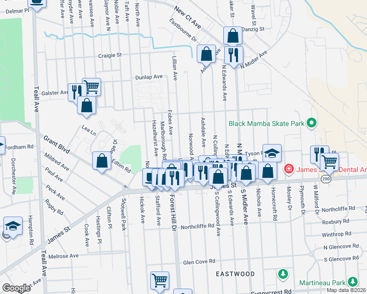 map of restaurants, bars, coffee shops, grocery stores, and more near 211 Norwood Avenue in Syracuse