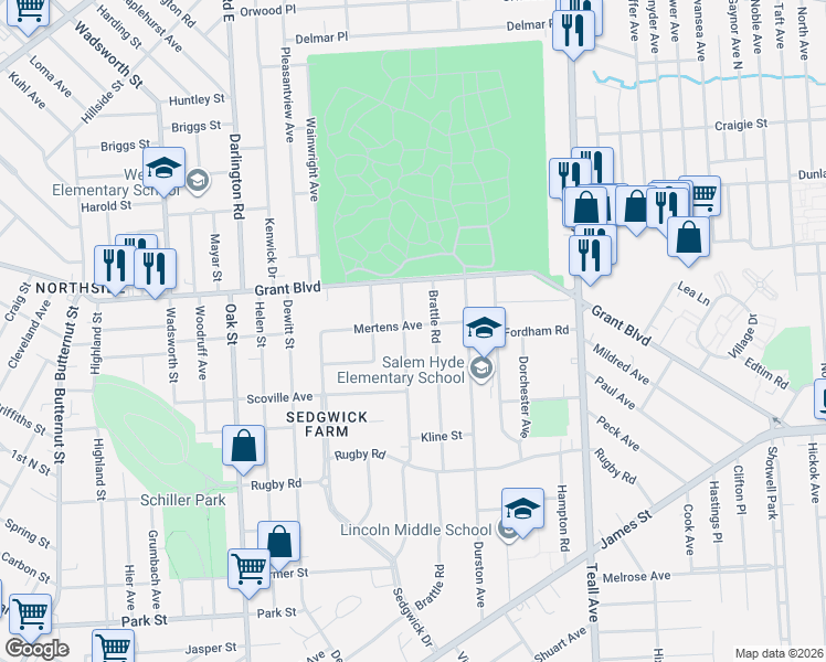 map of restaurants, bars, coffee shops, grocery stores, and more near 444 Wendell Terrace in Syracuse