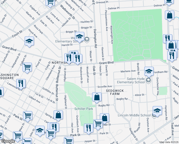 map of restaurants, bars, coffee shops, grocery stores, and more near 1365 Oak Street in Syracuse