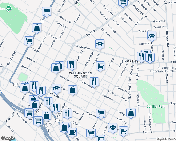 map of restaurants, bars, coffee shops, grocery stores, and more near 114 Culbert Street in Syracuse