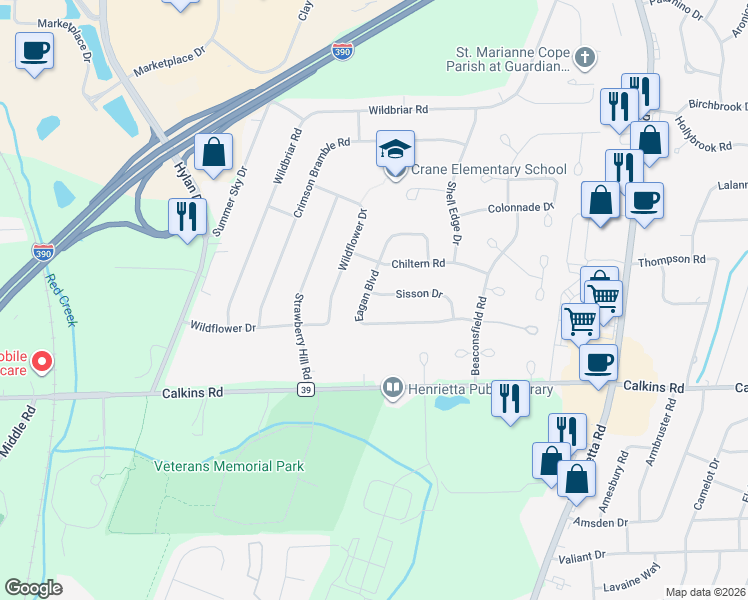 map of restaurants, bars, coffee shops, grocery stores, and more near 45 Sisson Drive in Rochester