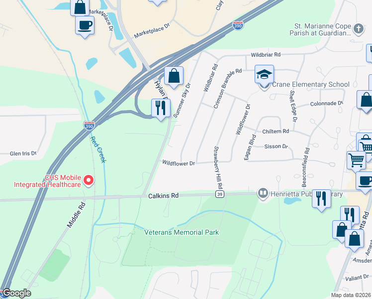 map of restaurants, bars, coffee shops, grocery stores, and more near 565 Wildbriar Road in Rochester