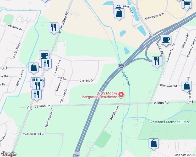 map of restaurants, bars, coffee shops, grocery stores, and more near 72 Glen Iris Drive in Rochester