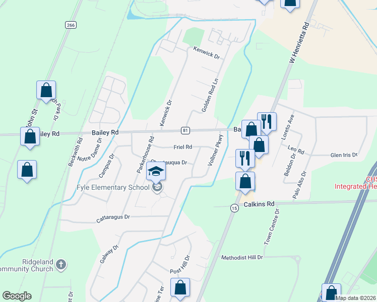 map of restaurants, bars, coffee shops, grocery stores, and more near 17 Coachwood Lane in Rochester