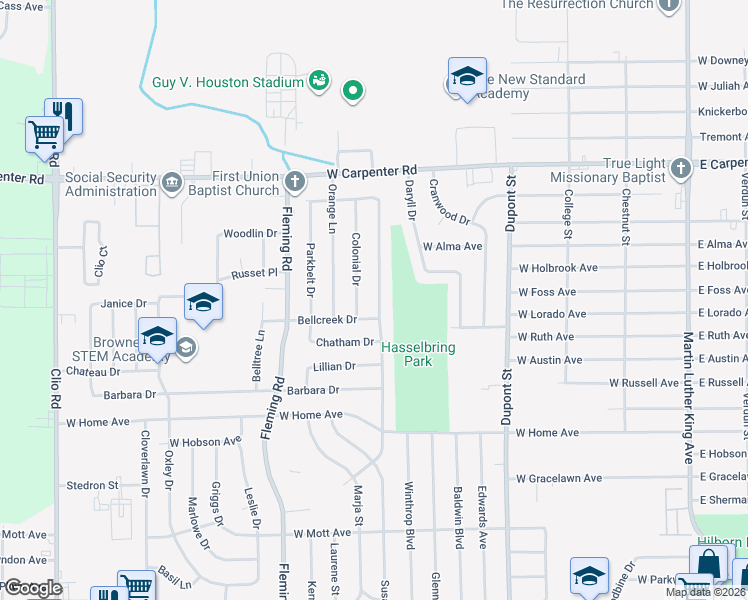 map of restaurants, bars, coffee shops, grocery stores, and more near 6606 Sally Court in Flint