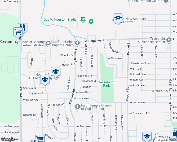 map of restaurants, bars, coffee shops, grocery stores, and more near 6605 Colonial Drive in Flint