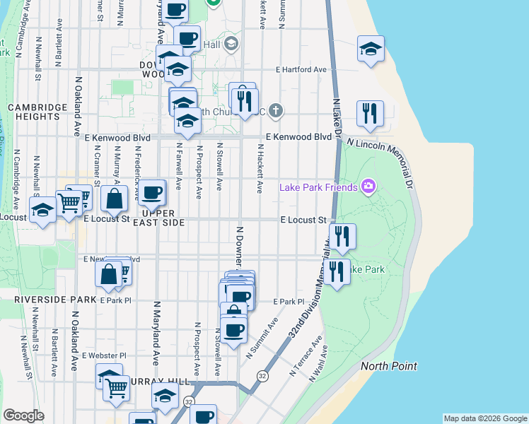 map of restaurants, bars, coffee shops, grocery stores, and more near 2905 North Summit Avenue in Milwaukee