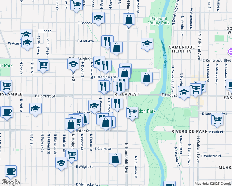 map of restaurants, bars, coffee shops, grocery stores, and more near 103 East Locust Street in Milwaukee