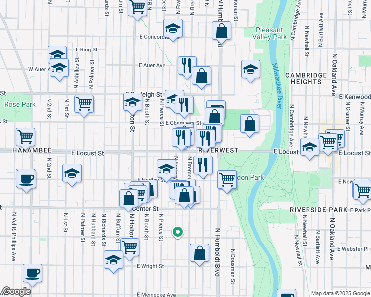 map of restaurants, bars, coffee shops, grocery stores, and more near 103 East Locust Street in Milwaukee